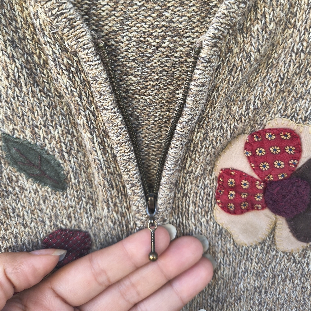VINTAGE | Crazy HorseLiz Clairborne Zip Cardigan Embroidered Floral Brown - Picture 3 of 9